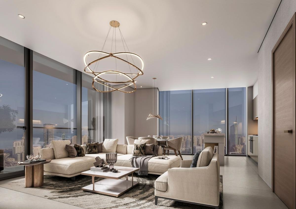 Living and dining area in a Sobha Central residence with floor-to-ceiling windows