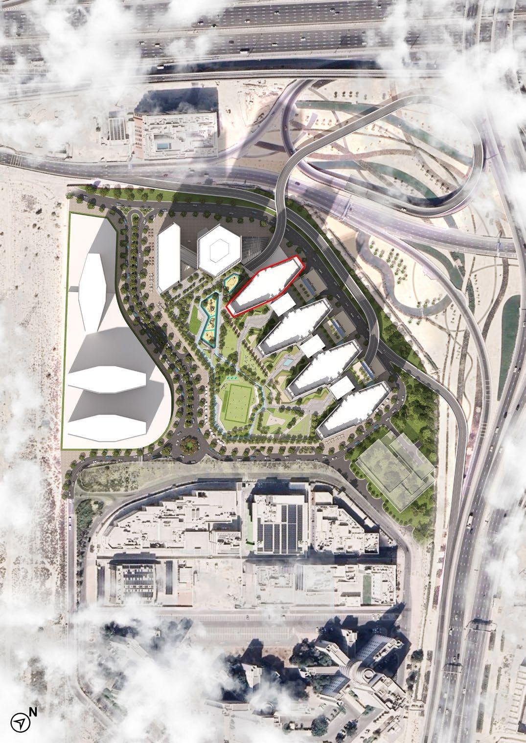 Master plan of the Sobha Central community showing the six towers, parks and retail podium