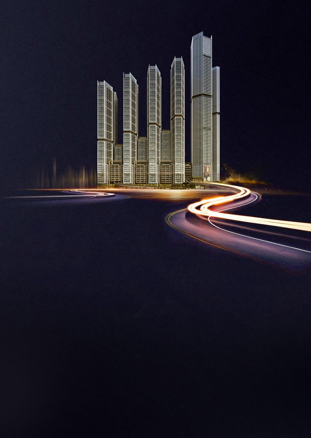 Sobha Central towers illuminated at night on Sheikh Zayed Road