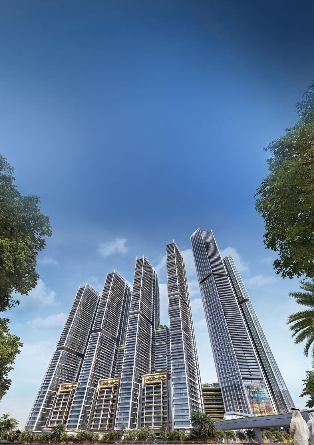 Ground-level view looking up at Sobha Central's six towers
